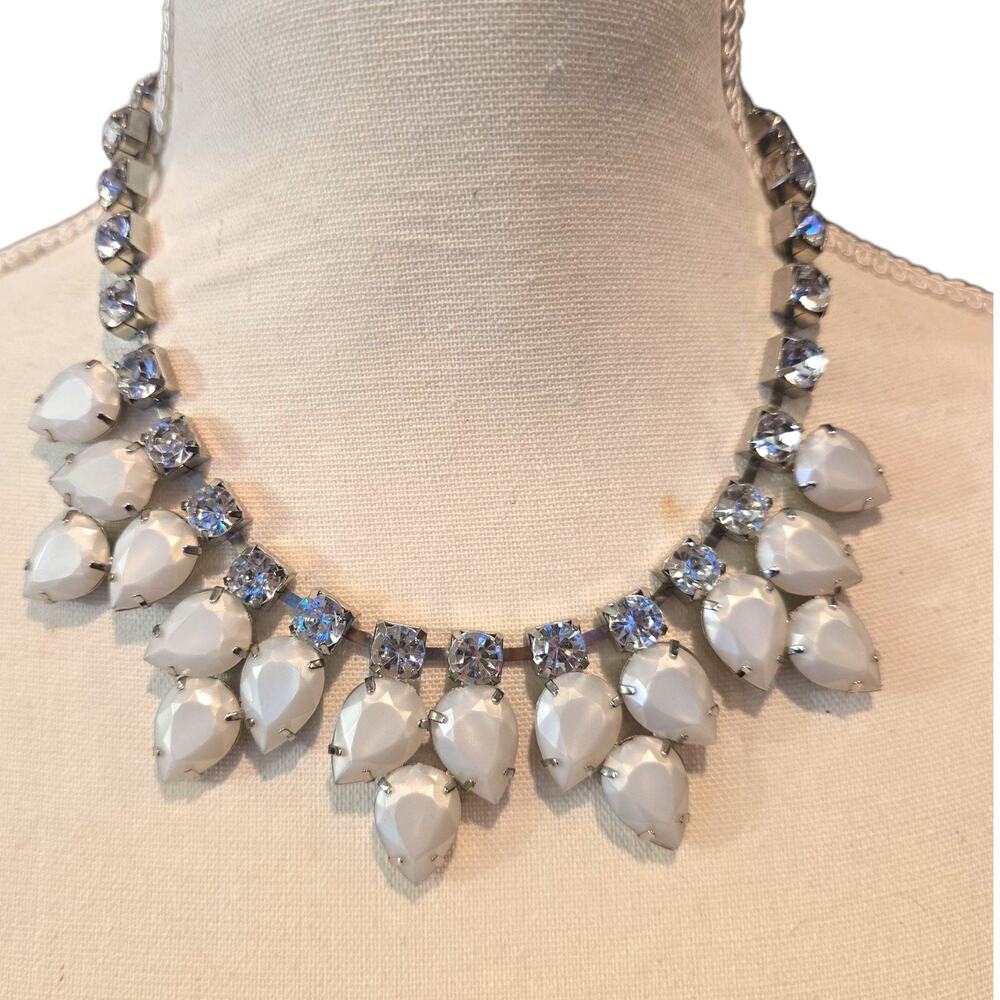 Statement Bib Necklace Off White Acrylic Rhinestone 16" Silver Tone Adjustable